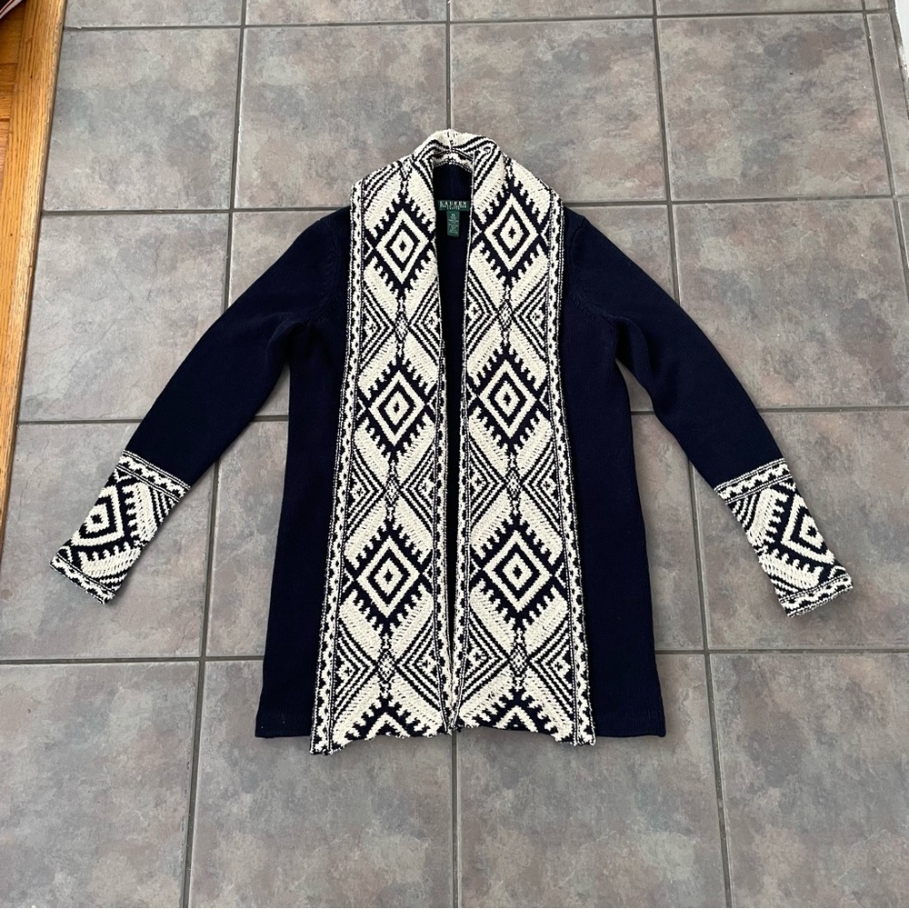 Lauren Ralph Lauren Navy Blue Boho Aztec Knitted Southwest Cardigan Petite Small - Picture 2 of 5